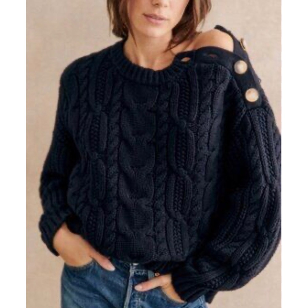 Sezane Jim Jumper Crew Neck Sweater XS Deep Navy Chunky Cable Knit French Girl